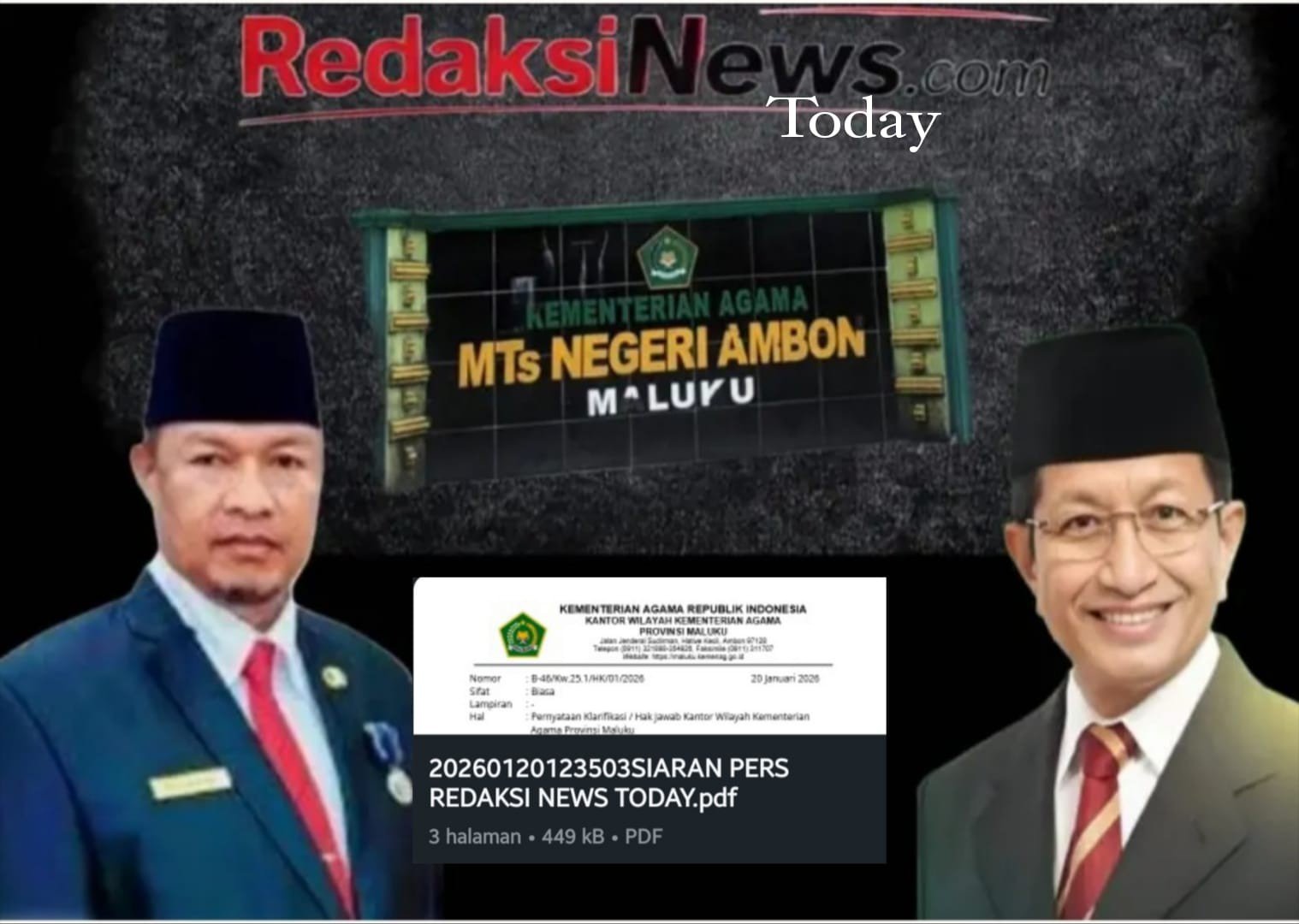 Pernyataan Klarifikasi / Hak Jawab Kantor Wilayah Kementerian Agama Provinsi Maluku