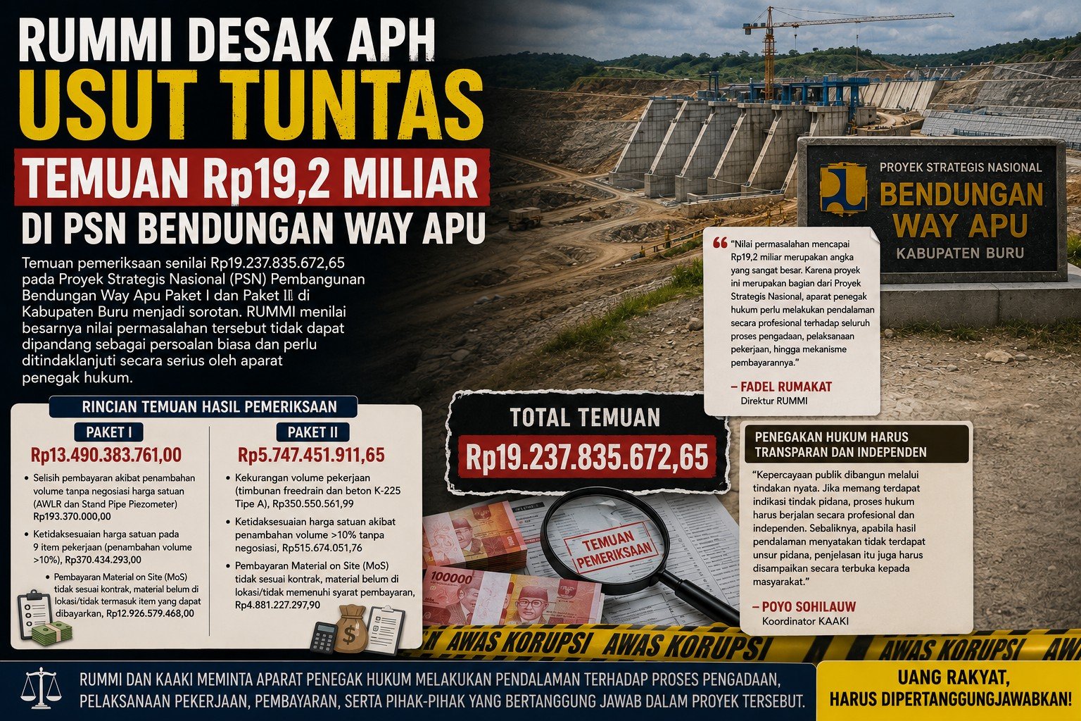 RUMMI Desak APH Usut Tuntas Temuan Rp19,2 Miliar di PSN Bendungan Way Apu