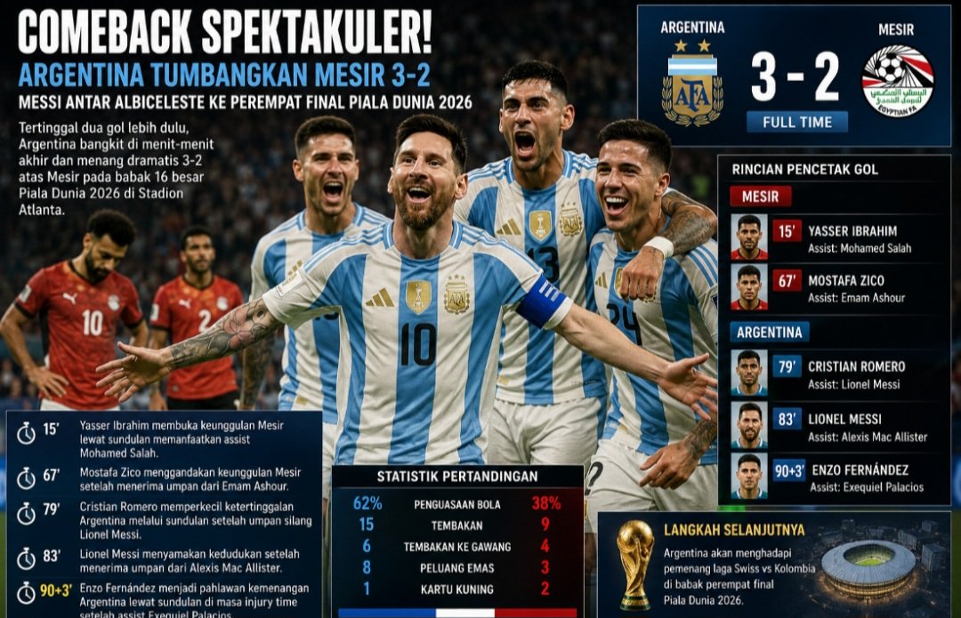 Comeback Spektakuler! Argentina Tumbangkan Mesir 3-2, Messi Antar Albiceleste ke Perempat Final Piala Dunia 2026