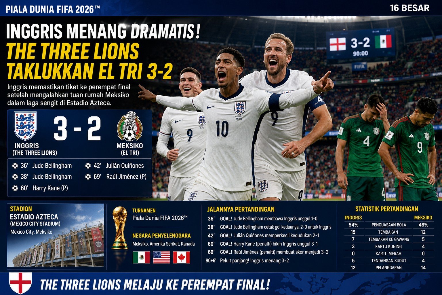 Inggris Tumbangkan El Tri 3-2, The Three Lions Melaju ke Perempat Final Piala Dunia 2026
